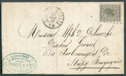 N°17 - 10 Centimes Gris Obl; LP. 53 Sur Lettre De BRAINE-LE-COMTE Le 18 Déc. 1867 Vers Strépy (exp. FONDU Manufacture Bo - 1865-1866 Perfil Izquierdo