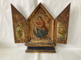 ARTE SACRA ICONA ANTICO TRITTICO RELIGIOSO LEGNO RAFFIGURANTE LA MADONNA E SANTI - Religieuze Kunst