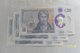THREE Uncirculated , MINT, British £20 Notes, With Serial Numbers In Sequence. - 10 Ponden