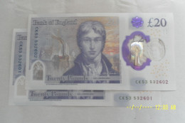 TWO Uncirculated , MINT, British £20 Notes, With Serial Numbers In Sequence. - 10 Pounds