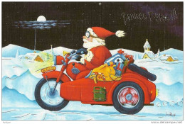 Carte De Voeux Bonnes Fêtes - Père Noel Santa Claus Faisant Sa Tournée à Moto - Weihnachtsmänner