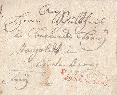 Baden Brief Roter L2 Carlsruhe 29. NOV. 1836 Gel. Nach Nagoldt In Württemberg - Storia Postale