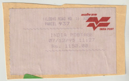 Indien 1995 India Postage Rs. 1150.00 AIRMAIL PARCEL Lodhi Road HO, Auf Fragment - Cartas & Documentos