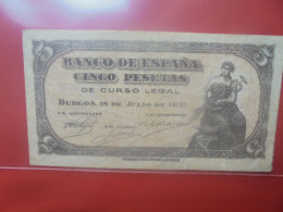 ESPAGNE 5 PESETAS 1937 Circuler (B.29) - 5 Pesetas