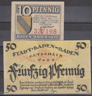 Baden-Baden 1919 Gutschein  Der Stadt Stadtkasse 10 Pf Und 50 Pf. Rs. Abb. Trinkhalle,  Und Ortsansicht, Gute  Erh. Not - Specimen