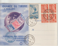 France Carte Journée Du Timbre 1939 Rouen Avec Vignette Jeanne D'Arc - Briefmarkenmessen