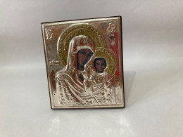 QUADRETTO ICONA  ARGENTO 925% ORTODOSSA RUSSIA MADONNA CON BAMBINO VINTAGE. - Religieuze Kunst