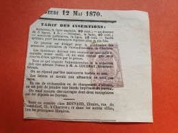 Timbre Pour Journaux Sur Fragment De Journal En 1870 - Réf J 193 - Newspapers