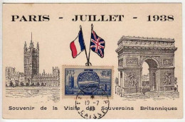 !!! CARTE MAXIMUM VISITE DES SOUVERAINS BRITANIQUES CACHET ORD DE PARIS 19/7/1938 REF A1 - 1930-1939