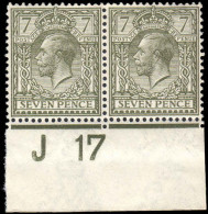 1913 7d Olive Cylinder J17 Imperf Pair Unmounted Mint (hinged On Margin). - Unused Stamps