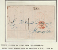 1851 - LETTRE De PARME Avec MARQUE D'ENTREE SARDAIGNE ANTIBES (VAR) SUP ! => MARSEILLE - Marques D'entrées