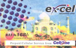 India:Used Phonecard, CellOne, Excel, 168 Rs., Taj Mahal, E - Inde