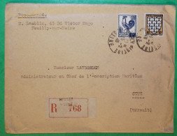 N°573 + 640 ARMOIRIES BRETAGNE COQ D'ALGER RECOMMANDE NEUILLY SUR SEINE POUR SETE HERAULT 1946 LETTRE COVER FRANCE - 1944 Coq Et Marianne D'Alger