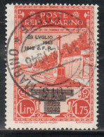 REPUBBLICA DI SAN MARINO 1943 CADUTA DEL FASCISMO 28 LUGLIO 1642 F.R. SOPRASTAMPATO LIRE 1,75 USATO USED OBLITERE' - Gebruikt