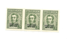 ARGENTINA 1939 SAN MARTIN OVERPRINTED OFFICIAL SERVICE SC O39 MI D33 MINT STRIP X 3 - Neufs