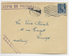 FRANCE MERCURE 50C BLEU SEUL LETTRE COPIE DE PRESSE MEC PARIS RP 1939 AU TARIF IMPRIME URGENT - 1938-42 Mercure