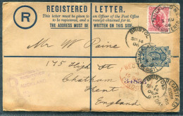 1906 New Zealand Uprated Registered Letter Auckland - Chatham Kent England Via London & Bristol - Storia Postale