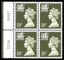 Wales 1971-93 18p Deep Olive Grey Litho Questa Block Of 4 - Wales