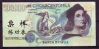 China BOC (bank Of China) Training/test Banknote,ITALY ITALIA 500000 Lire Note Specimen Overprint - [ 8] Fakes & Specimens