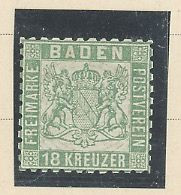 ALLEMAGNE -BADE -1862 -64 -N°20-18 K VERT -Dent 10-Fond Blanc - Oblitération Légère - Postfris