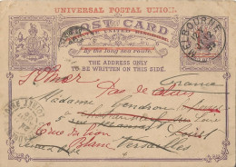 AUSTRALIA VIC - POSTAL STATIONERY POST CARD 1 I/2 D OVERPRINT FROM MELBOURNE TO FRANCE - 1899 - Briefe U. Dokumente