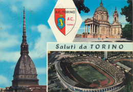 CARTOLINA  TORINO,PIEMONTE-SALUTI DA TORINO-MOLE ANTONELLIANA-BASILICA DI SUPERGA-STADIO COMUNALE-STORIA,VIAGGIATA 1963 - Stadia & Sportstructuren