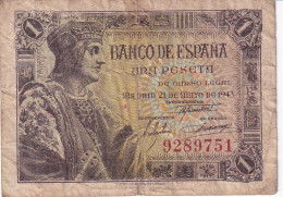 BILLETE DE ESPAÑA DE 1 PTA  DEL AÑO 1943 SIN SERIE (BANKNOTE) FERNANDO EL CATOLICO - 1-2 Peseten