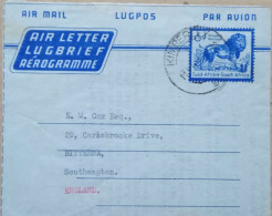 SOUTH AFRICA 1960, STATIONERY AEROGRAMME, 6 D VALUE, USED TO ENGLAND, LION  ANIMAL, KIMBERLY CITY CANCEL - Brieven En Documenten