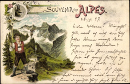 Lithographie Schweiz, Souvenir Des Alpes, Junge In Tracht, Gams - Gams
