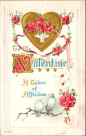 Valentine With Doves Gold Heart And Roses 1914 - Valentijnsdag