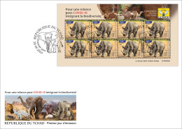 CHAD TCHAD 2023 SHEET FDC - RHINOCEROS - COVID-19 CORONAVIRUS PANDEMIC CORONA RECOVERY - Rhinozerosse