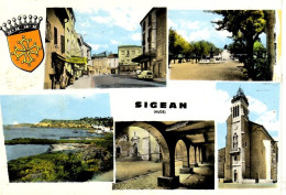 Sigean ( Aude) 5 Vues Et  Blason  ( Rue Avec Tabac 4L Renault église ...timbrée En 1973 - Sigean