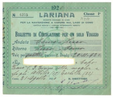 12242 "LARIANA - BIGL. DI VIAGGIO DI GRUPPO SU BATTELLO, TRATTA COMO - LECCO / A/R 1920 N° 4375" BIGL. DI TRASP. ORIG. - Europe