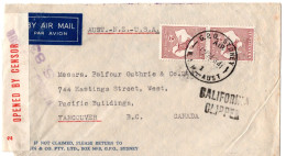 68252 - Australien - 1941 - 2@2'- Roo A LpBf SYDNEY -> Canada, M Austral Zensur & Stpl "California Clipper" - Covers & Documents