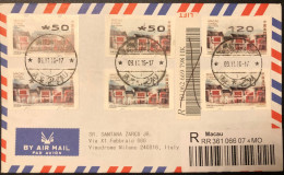 2016 MACAU ATM LABEL OLD STREETS ISSUE, REGISTERED COVER TO ITALY. 12P LABEL WITH PRINTING ERROR, Shift Left. - Distributori