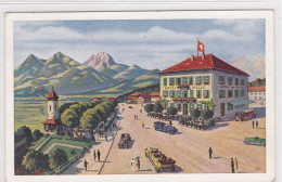 Broc. Hôtel De Ville, Animée. Ancienne Voiture, Car Postal. Carte Dessinée - Broc