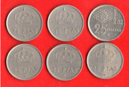 ESPAGNE . ESPAÑA . 25 PESETAS JUAN CARLOS I . 2 X 1975, 1980, 2 X 1982, 1983 . LOT DE 6 PIÈCES - Réf. N°280B - - 25 Peseta