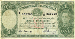 AUSTRALIA 1 POUND GREEN KGVI HEAD 4TH SIGNATURE LAST ISSUEBACK MOTIF ND(1952) F+ CV$80 DARK BACK W.1966 READ DESCRIPTION - 1938-52