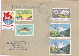 COAT OF ARMS, FISHING, FISH, UPU, BOAT, DANUBE DELTA, PELICAN STAMPS ON COVER, 1986, ROMANIA - Lettres & Documents