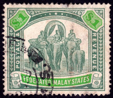 FEDERATED MALAY STATES FMS 1926 $1 Wmk.MSCA Sc#73a USED - THIN SPOT Mid-top Row Perf @TE199 - Federated Malay States