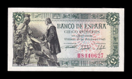 España Spain 5 Pesetas Capitulaciones 1945 Pick 129a Serie H Sc- AUnc - 5 Pesetas