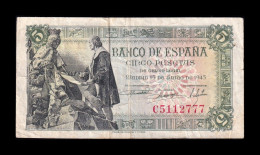 España Spain 5 Pesetas Capitulaciones 1945 Pick 129a Serie C Bc/Mbc F/Vf - 5 Pesetas