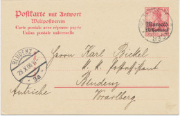 DEUTSCHE POST IN MAROKKO 1906 Germania 10 Pf M Aufdruck „Marocco / 10 Centimos“ Kab.-GA-Antwortkarte (Doppelkarte, ABART - Maroc (bureaux)