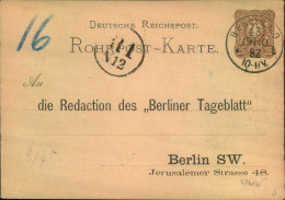 1882, 25 Pf. Rohrpostganzsache Mit Zudruck Ab "BERLIN NO 43" - Lettres & Documents