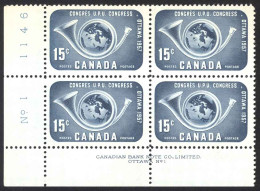 Canada Sc# 372 MNH PB LL (Plate 1) 1957 15c Dark Blue UPU Congress - Ongebruikt