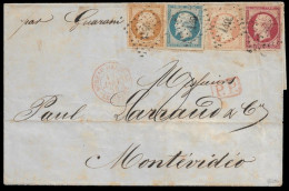 1855 RRR -  FRANCE COVER TO MONTEVIDEO,URUGUAY, 4 COLOUR QUINTUPLE PRIVATE SHIP LETTER RATE. SIGNED CALVES - 1853-1860 Napoleon III