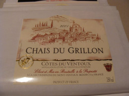 Etiquette De Vin Jamais Collée Wine Label  Weinetikett 1 Etiquettes Cotes Du Rhone Cotes Du Ventoux Chais Grillon 2001 - Côtes Du Ventoux