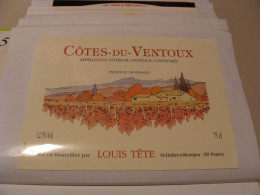 Etiquette De Vin Jamais Collée Wine Label  Weinetikett 1 Etiquettes Cotes Du Rhone Cotes Du Ventoux Louis Tete - Côtes Du Ventoux