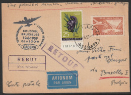 1959, Sabena, First Flight Card, Lubljana-Glasgow, Feeder Mail - Poste Aérienne