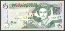 Eastern Caribbean 5 Dollars First Prefix AA Queen Elizabeth II 2008 UNC - East Carribeans